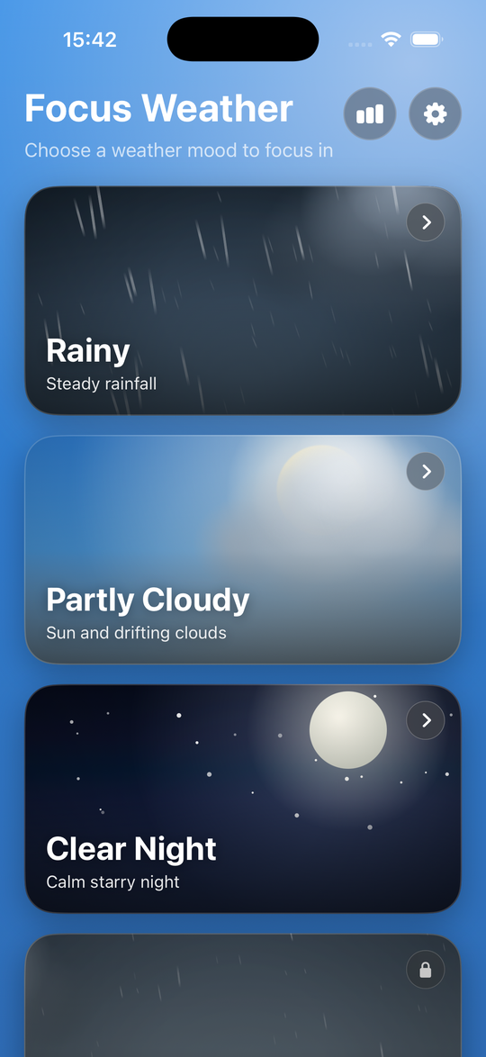Focus Weather home screen with living weather cards